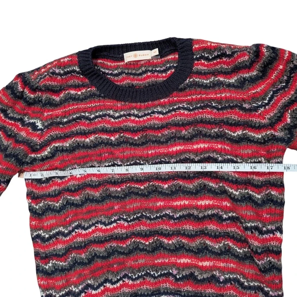 $298 TORY BURCH Lurex Stripe Knit Wool Blend Red Sweater Crew Neck Womens MEDIUM